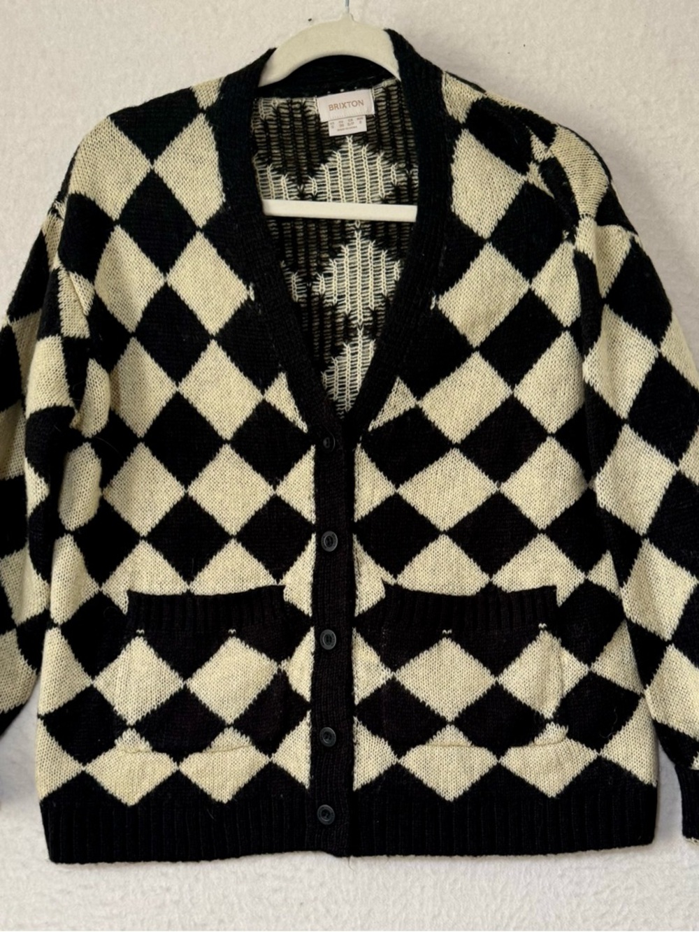 Brixton Black Cream Argyle Cardigan Sweater Button Front Cozy S - Picture 2 of 7